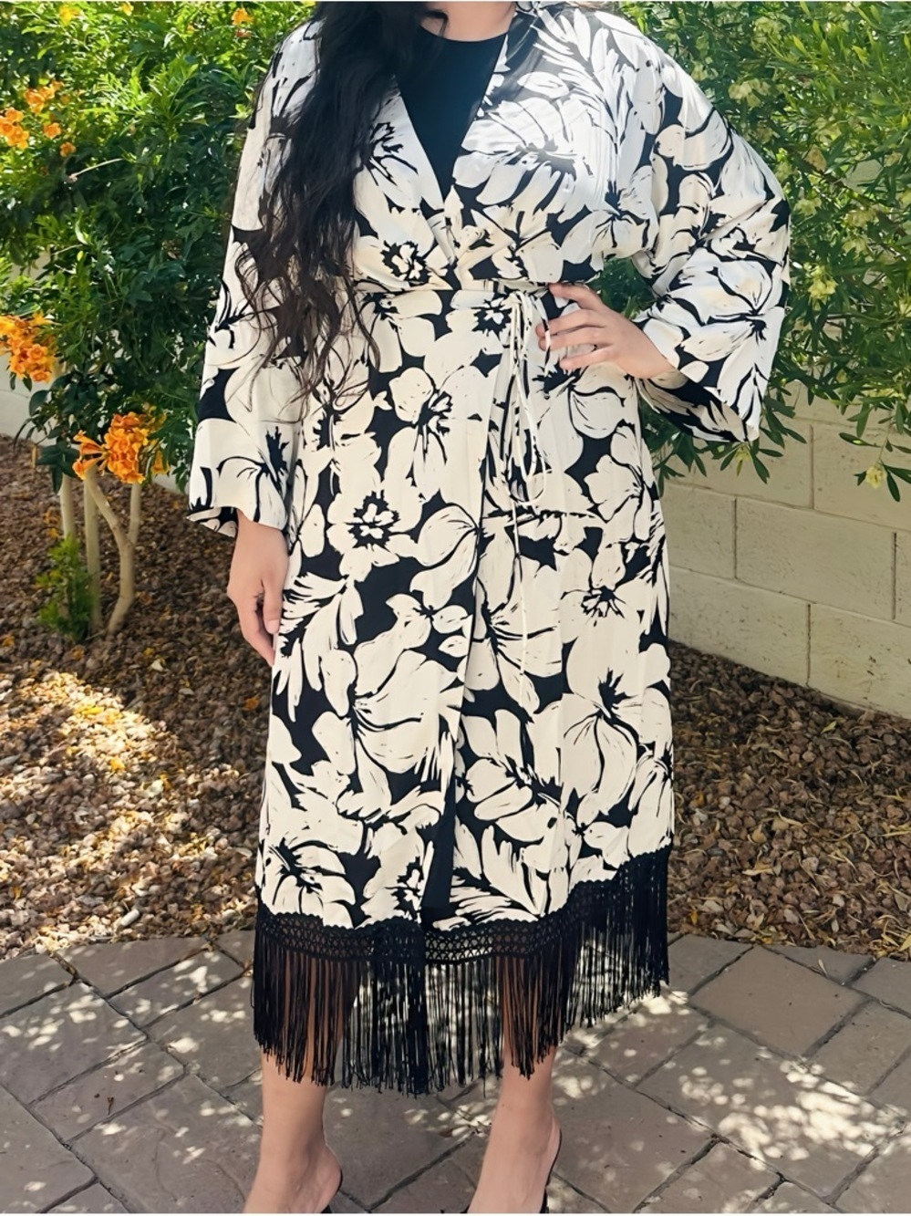 Fate Black and White Floral Robe with Fringe